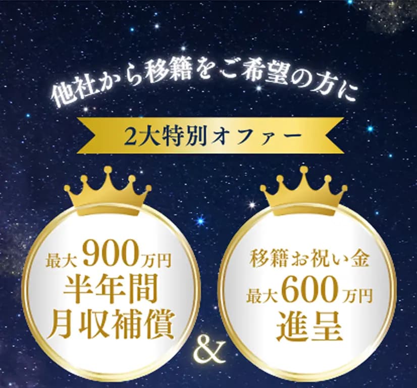 他社から移籍をご希望の方に 2大特別オファー 最大900万円 半年間月収補償 移籍お祝い金 最大600万円進呈