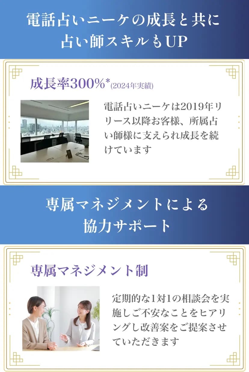 電話占いニーケの成長と共に占い師スキルもUP 成長率300% 専属マネジメントによる協力サポート 専属マネジメント制